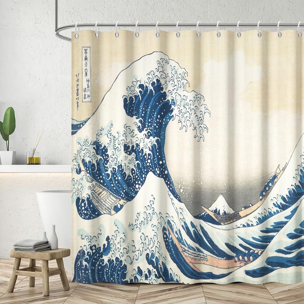Traditional Japanese Painting Shower Curtain Japanese Sea Waves Bathroom Curtain Abstract Ocean Wave Wooden Boat Shower Curtains Washable Waterproof Fabric Bathroom Decoration 54x72 Inch (54"W x 72"L (Pack of 1) / Blue-48)