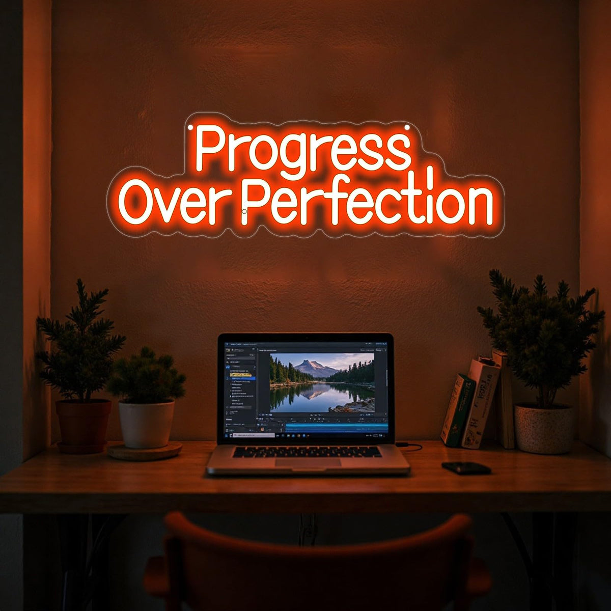 Progress Over Perfection Neon Sign Positive Wall Decor (Progress-Orange)