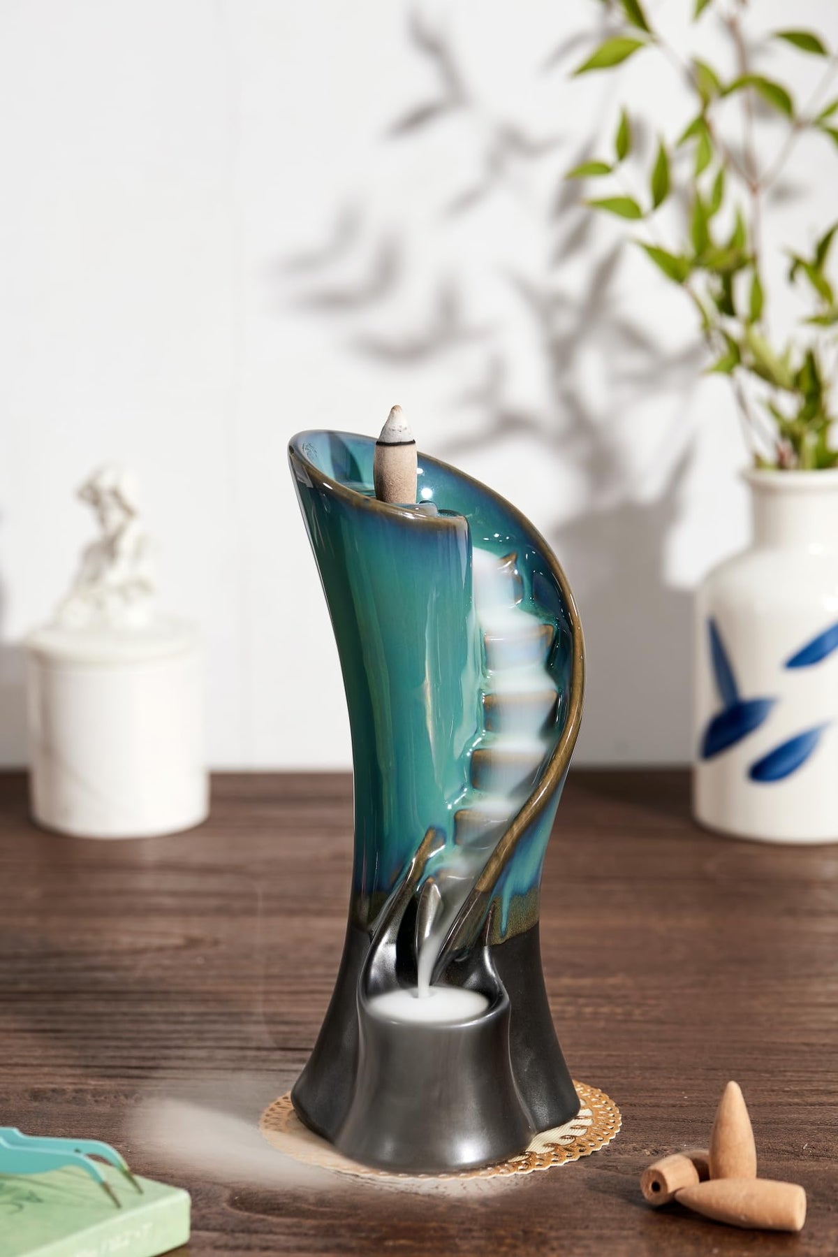 Unique Cloud Stairs Ceramic Waterfall Incense Holder (Blue)