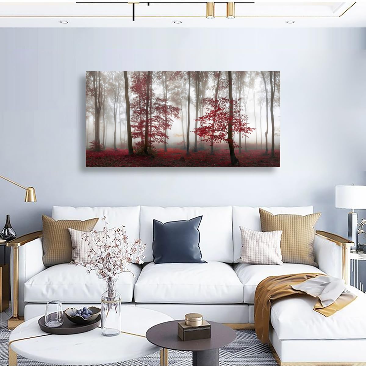 Misty Forest Pictures Canvas Wall Art for Living room Office Bedroom Wall Decor (48"L x 24"W / Misty Red Forest)