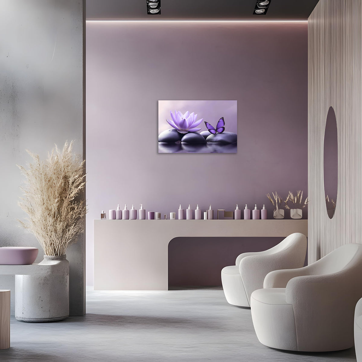 1 Panel Purple Canvas Wall Art Purple Pictures Spa Stone with Water Lily Butterfly on the Water Pictures Poster Zen Wall Art for Living Room Bedroom Ready to Hang (36"L x 24"W / Purple Zen 2)