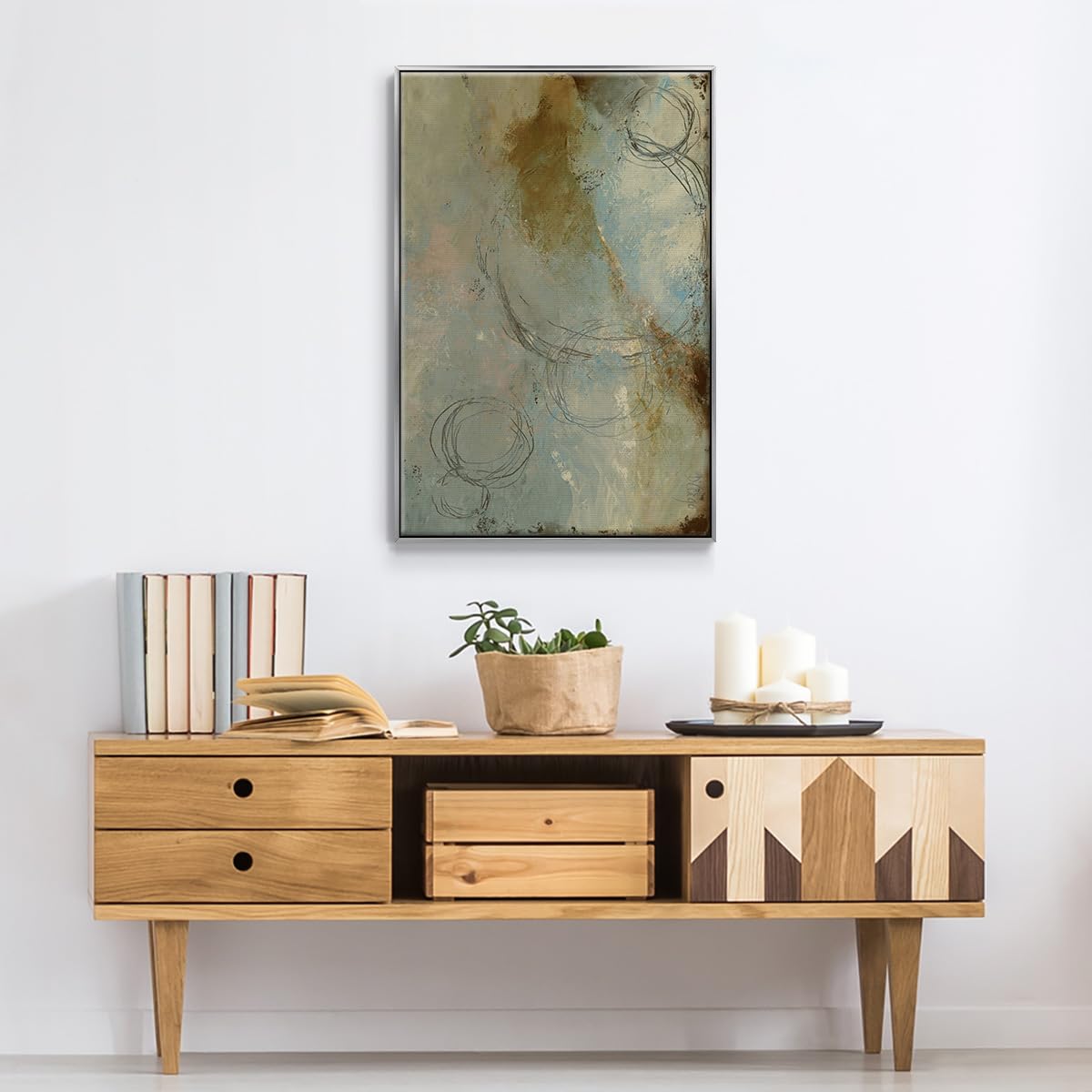 Wall Art Silver Floater Frame Home Decor Rustic Natural Color Zen Path Modern Abstract Hanging Paintings for Living Room Kitchen Office Walls (41"L x 27"W / Zen Path I)