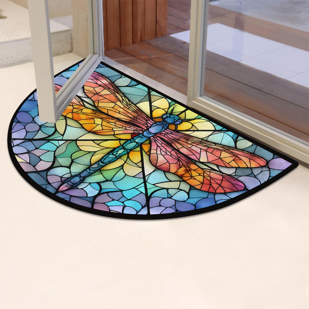 Dragonfly Colorful Stained Glass Half Round Door Mat Indoor Entrance Low Pile Non Slip Absorbent Semi Circle Welcome Mats Doormats 36x24 in Floor Mats for Home Kitchen (Dragonfly Colorful Stained Glass)