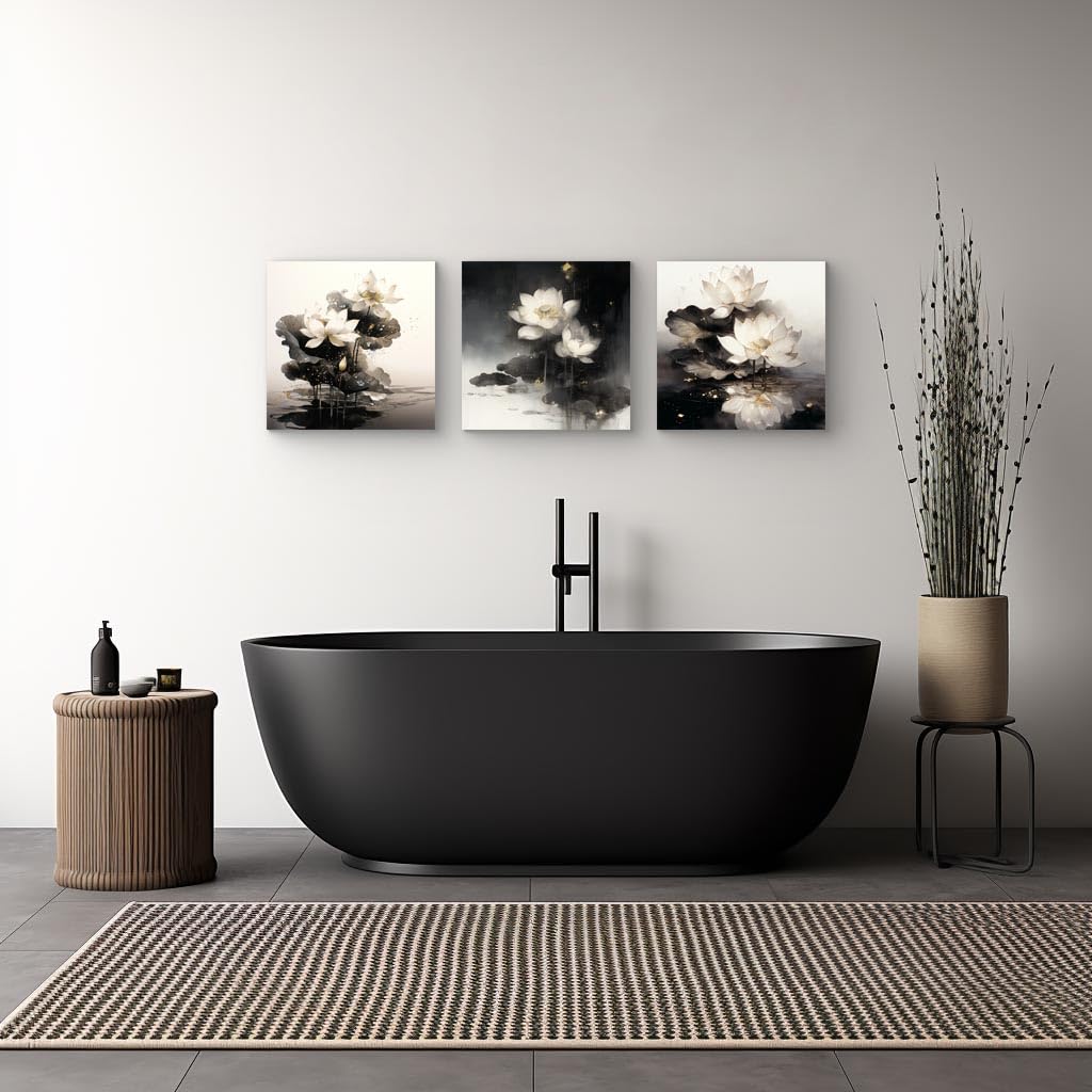 3Pcs White Lotus Flowers Canvas Wall Art Gold Leaf Ink Wash Zen Botanical Prints Modern Minimalist Floral Prints for Bedroom Bathroom Living Room Decor Nature Artwork Ready to Hang (White Lotus with Golden Accents-1 / 14x14inchx3)