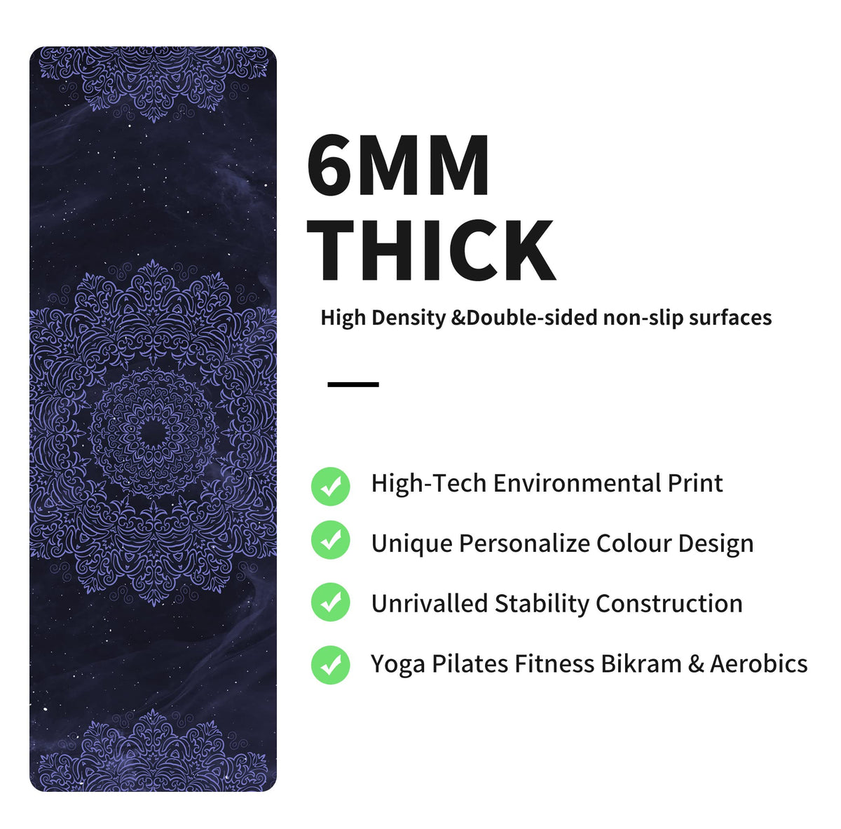 Yoga Mat Print Extra Thick TPE Non Slip Fitness Exercise Mat with Carrying Bag (ZWQF)