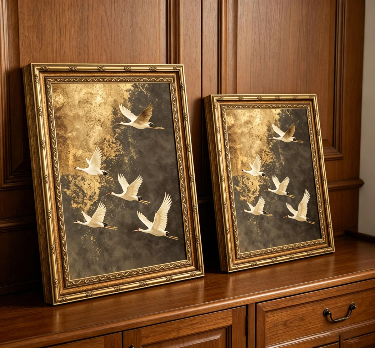Gold Framed Japanese Flying Cranes Wall Art (Crane / 11"L x 9"W)