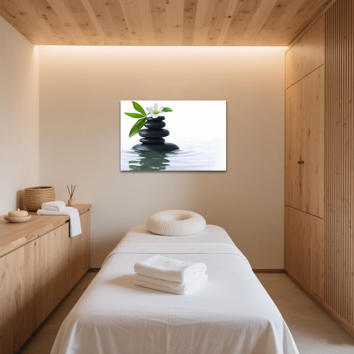 Zen Canvas Painting Wall Art Black Stone White Flower in Water Spiritual Framed Artwork Poster for Yoga Meditation Room Spa Bathroom Decor (WE000050-5 / 30"L x 20"W)