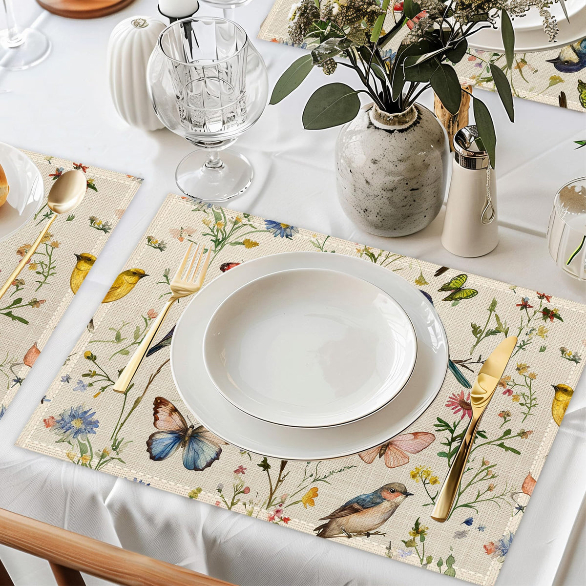 Vintage Bird Placemats Set of 6 (Vintage Bird Butterfly Flower)