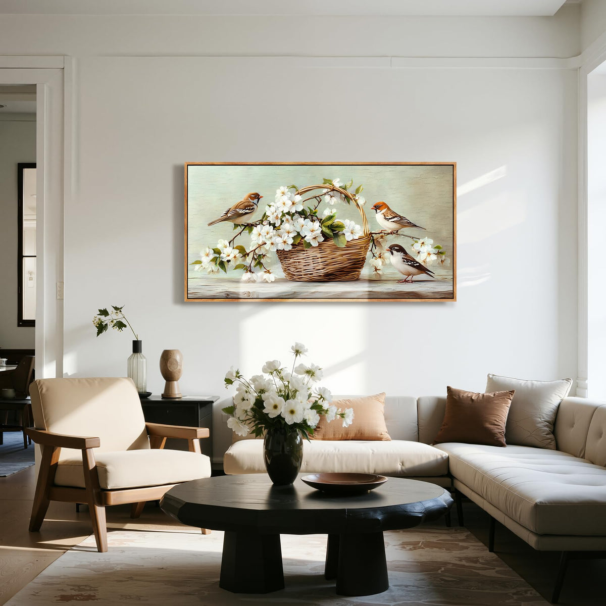 Farmhouse Floral Bird Framed Wall Art Large Flower Decor Neutral (Sparrows Flowers / 40"L x 20"W)