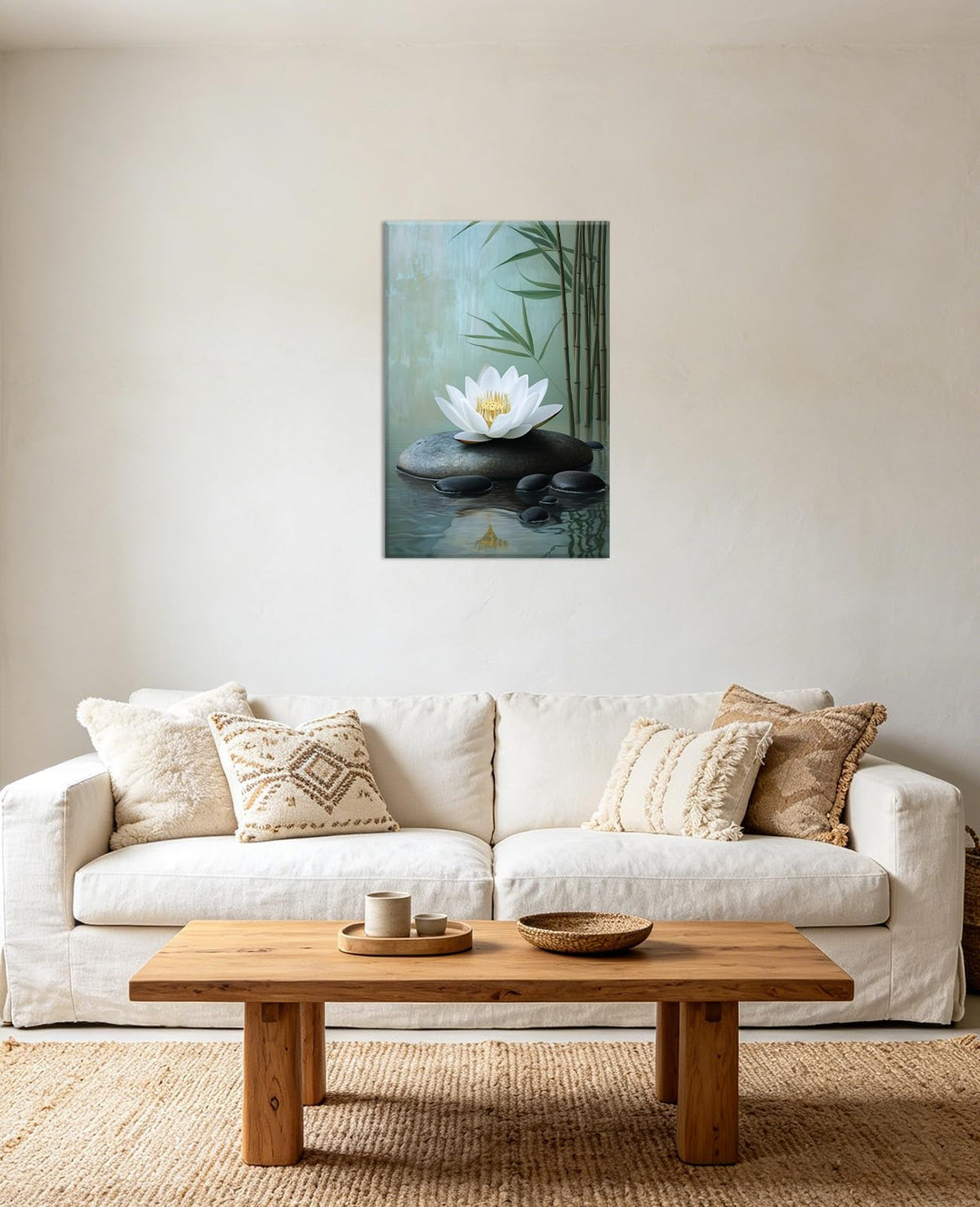 Lotus Zen Wall Art Spa Stones and White Floral Picture Green Plant Paintings Meditation Canvas Prints Living Room Bathroom Home Office Decor Framed (Zen-5 / 18"L x 12"W)