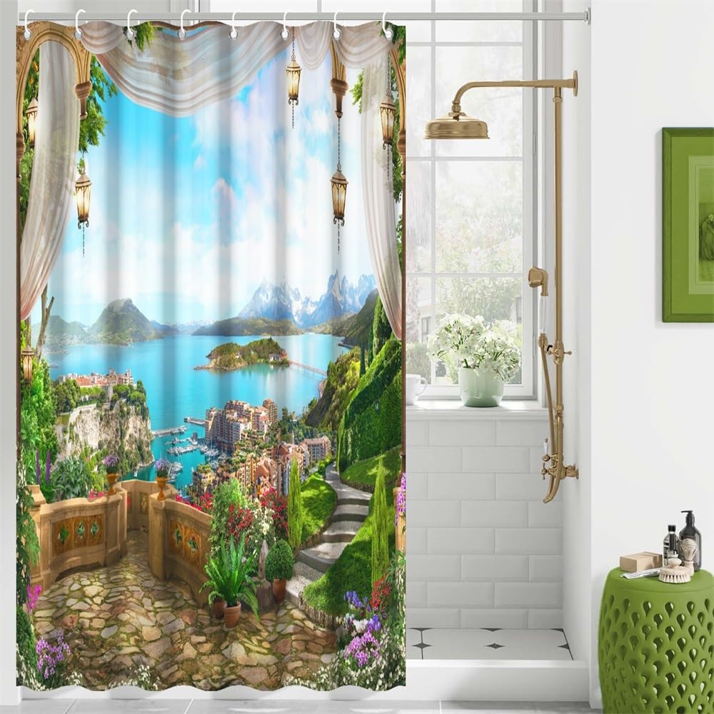 48x72inch Spring Landscape Shower Curtain Vintage Mural Balcony Scenery Bathroom Curtain Bathtubs Decorations 3D Printed Mountain River Natural Scenery Waterproof Fabric Decor with Hooks (48"W x 72"L (Pack of 1) / Green05)