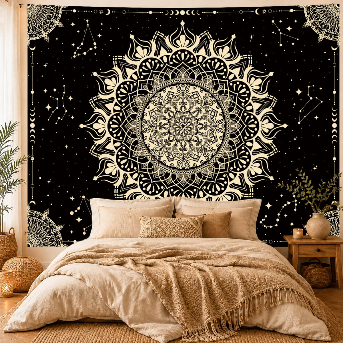 Boho Mandala Tapestry for Bedroom (Black Mandala Tapestry / 79"L x 60"W)