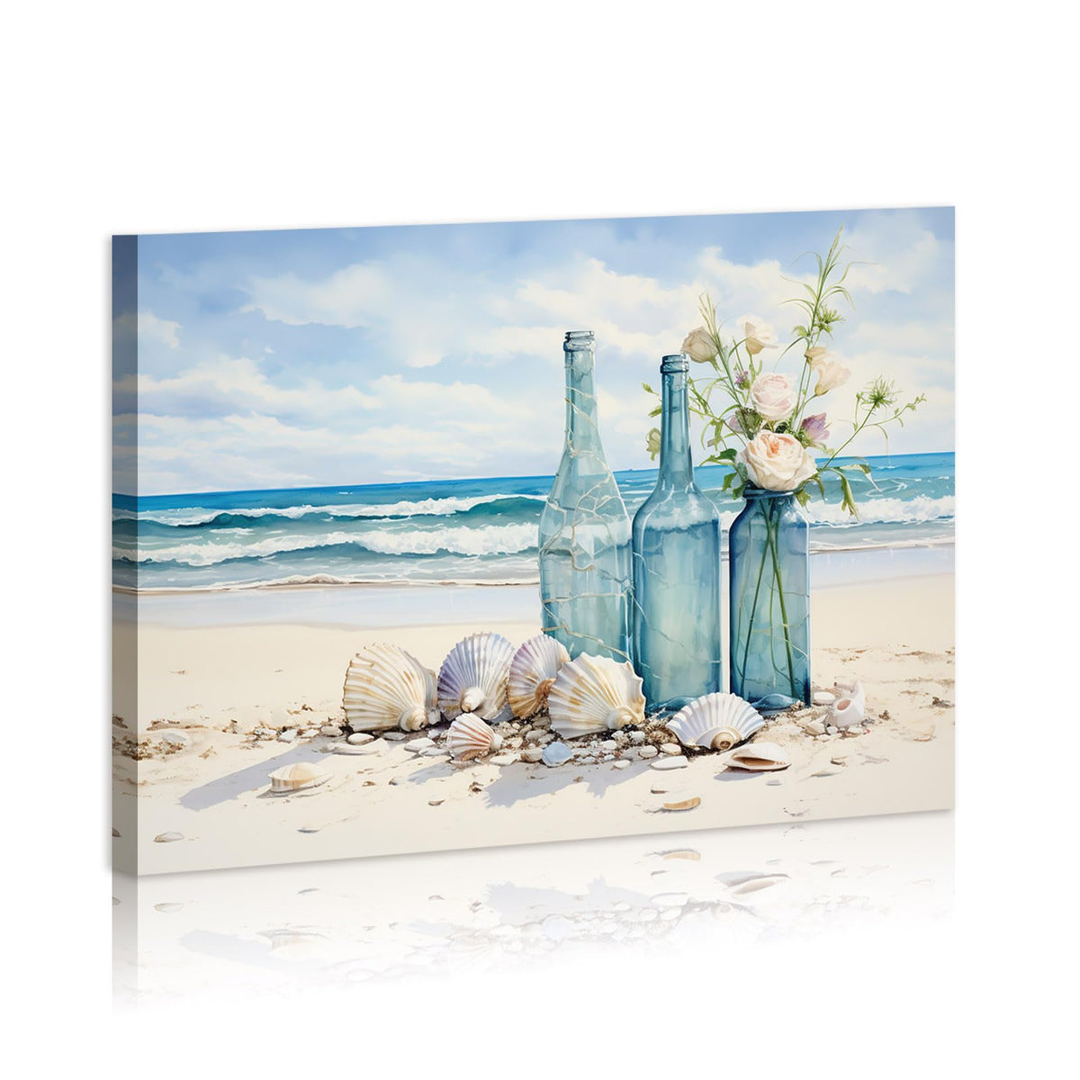 Seashell Bottle Beach Pictures Modern Seascape Canvas Prints Seaview Landscape Artwork for Home Office Living Room Bedroom Bathroom Framed Ready to Hang 12x16 Inches (16"L x 12"W / Bottle)