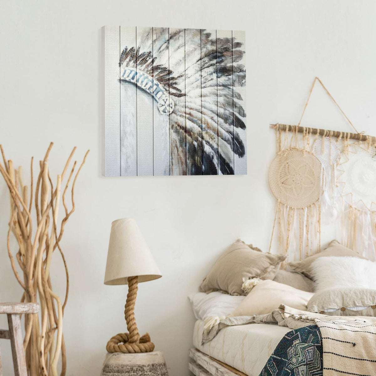 Feather Headdress Ribbon Wall Art Boho Wall Decor Handmade Ribbon Canvas Painting Modern 3D Woven Unique Textured Prints for Living Room Bedroom Bathroom Office Kitchen Home Decor 20" x 20" (Grey / 20"L x 20"W)