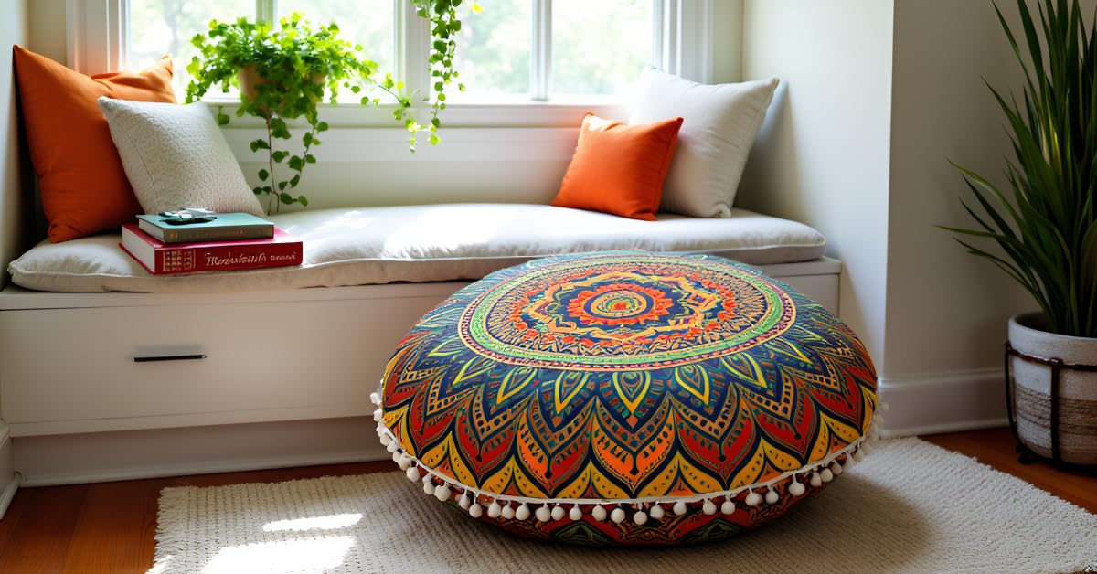 Round Mandala Floor Pillow Cover Seating Cushion Throw Cover Ottoman Pouf Cover Pom Pom Pillow Cases Hippie Decorative Bohemian Boho Indian 22 Inches (New Blue)