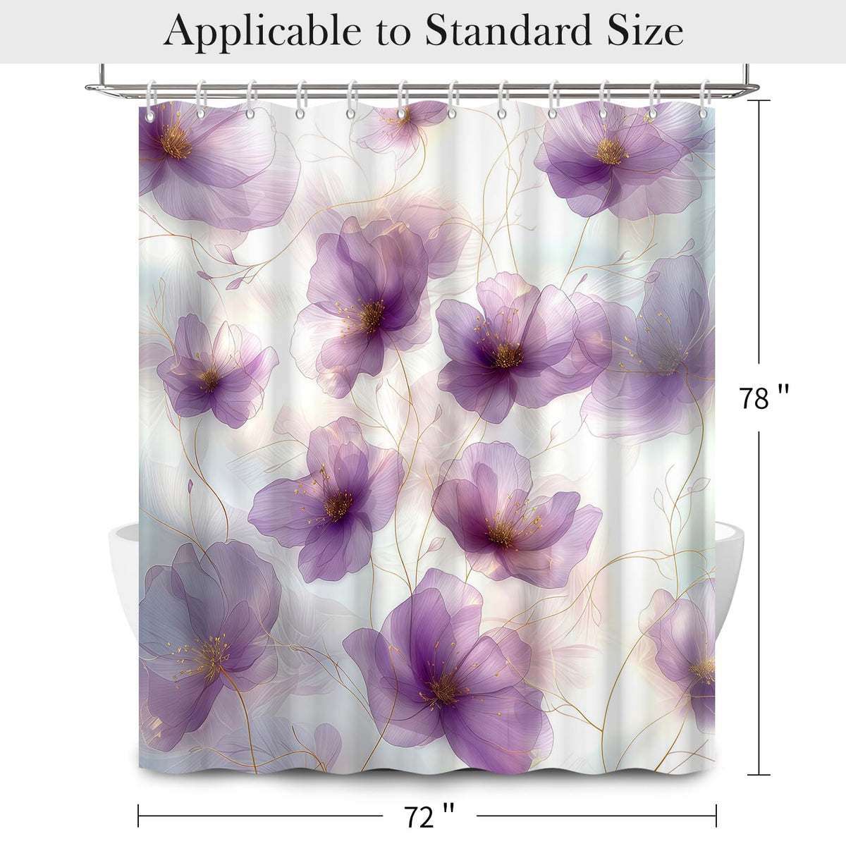 Extra Long Purple Floral Shower Curtain with Hooks (Purple Flower / 72"W x 78"L (Pack of 1))