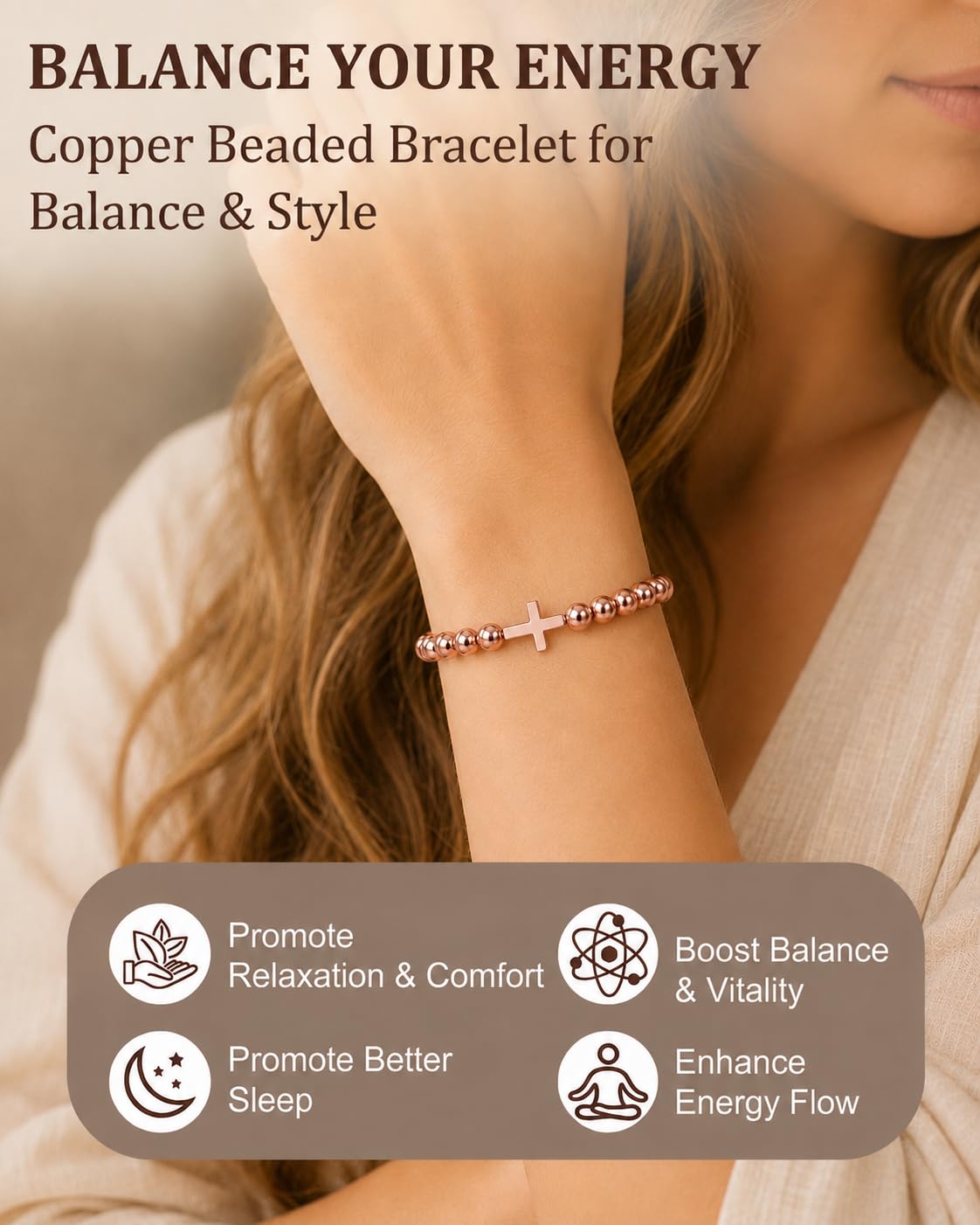 Copper Beaded Bracelet with Cross for Women Men (copper-cross)