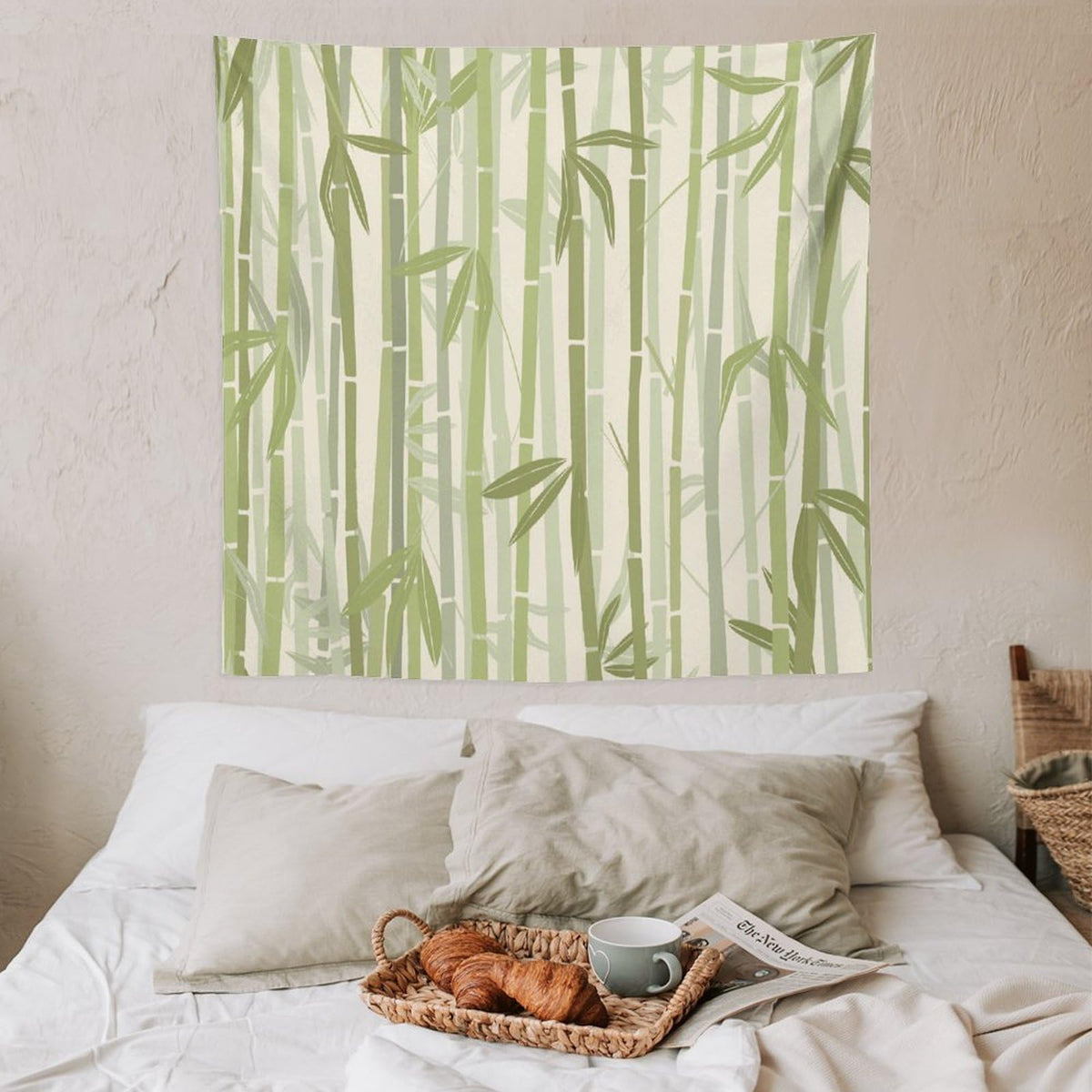 Bamboo Print Tapestry Wall Hanging Nature Plant Japanese Bamboo Leaves Lotus Light Color Pattern Tapestries Home Decor for Living Room Bedroom Apartment Farmhouse Dorm 60"x60" (60"L x 60"W / Bamboo-6)