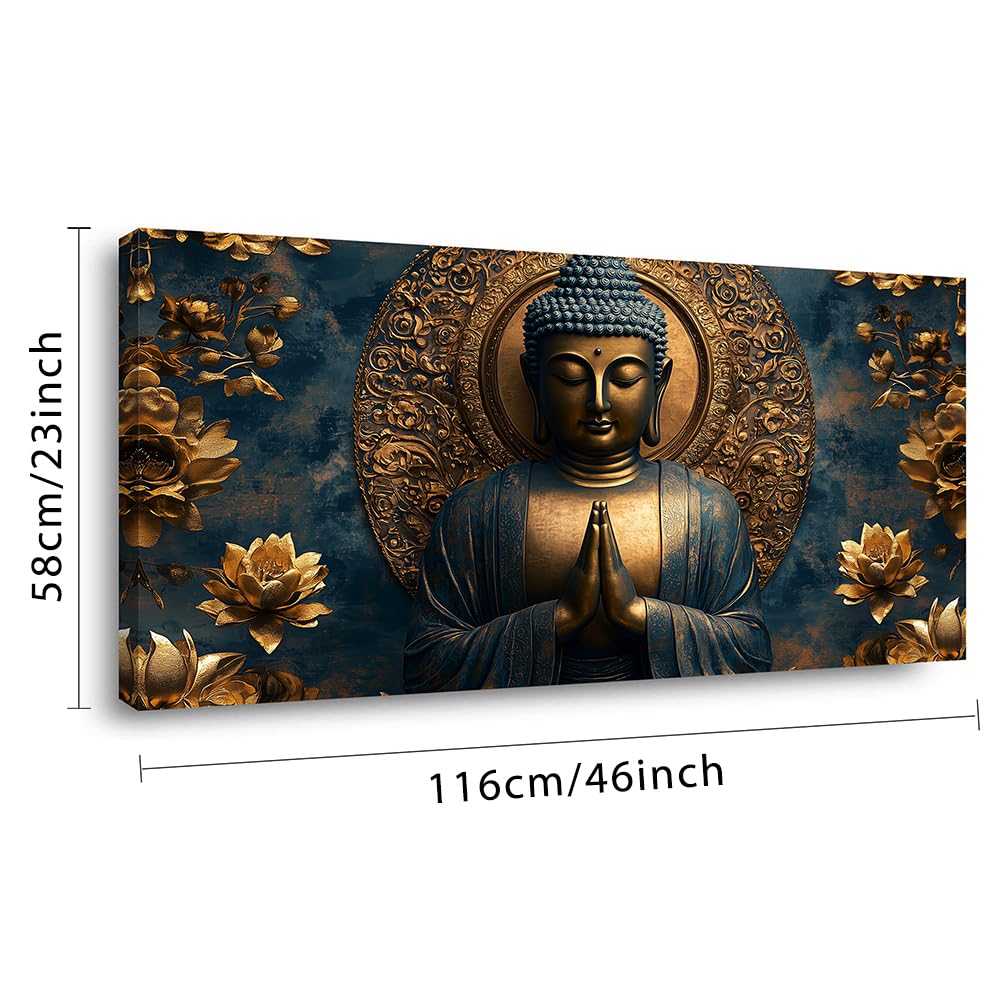 Zen Brown and Gold Buddha Wall Art for Living Room Office Religion Art Deco Blue Background Painting Prints Fantasy Canvas Artwork Over the Couch Bedroom Decor Large (46"L x 23"W / Brown and Gold Wall Art (K871))