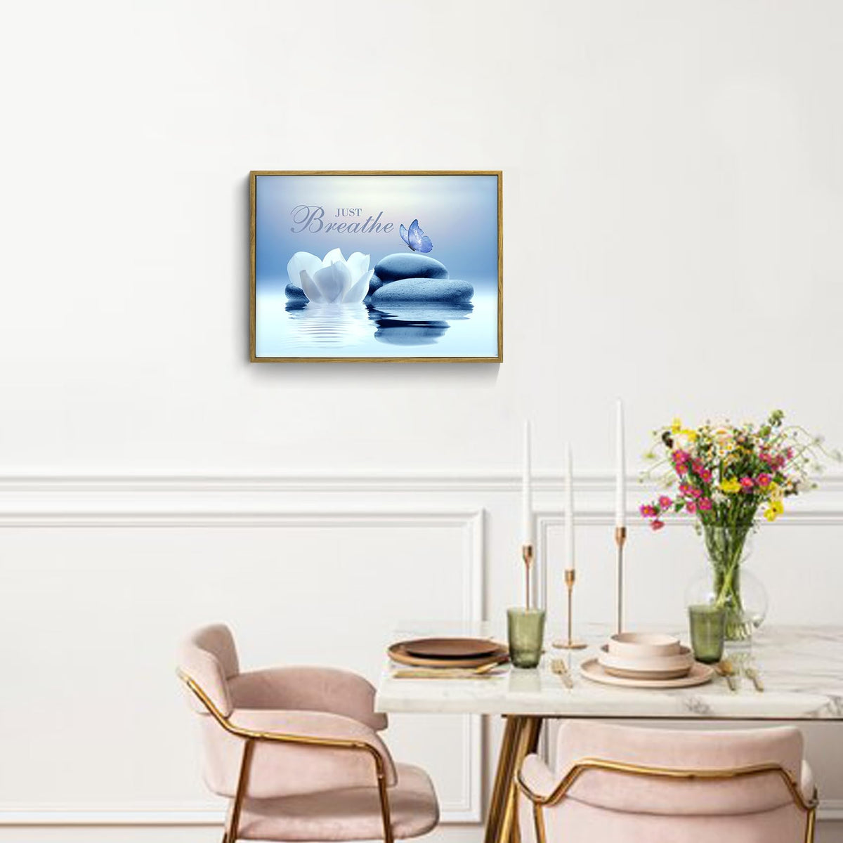 Floral Zen Framed Wall Art for Living Room Just Breathe Flower with Blue Butterfly Framed Canvas Wall Art Spiritual Water Lily Relaxing Canvas Paintings Spa Yoga Office Wall Decor (12"L x 17"W / Blue)