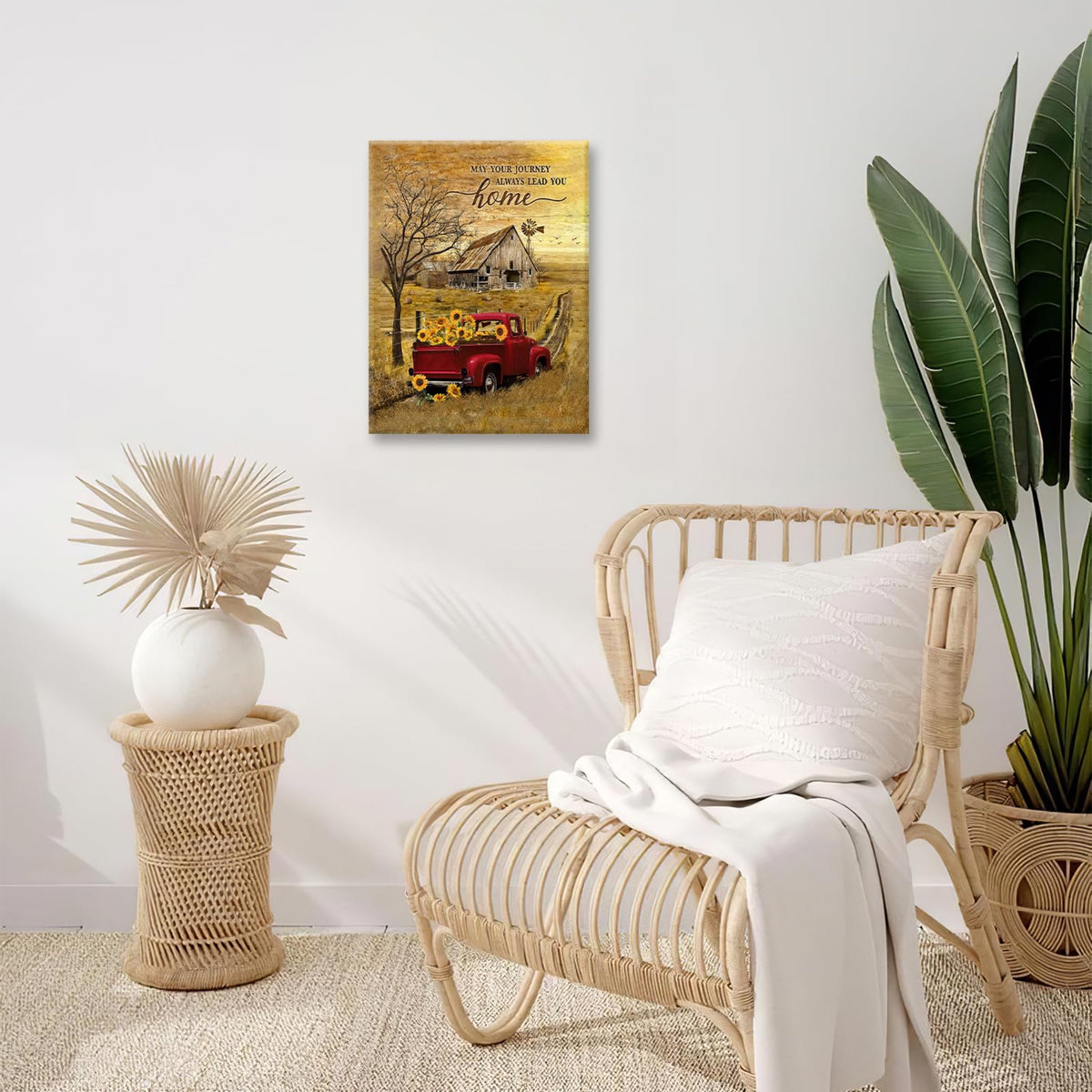Farmhouse Red Truck Wall Art Rustic Truck Sunflower Pictures Decor Country Old Barn Windmill Painting Canvas Prints Home Framed Artwork Decoration for Kitchen Bathroom Bedroom Living Room 16"x24" (16L" x 24W" / Red Truck Sunflower)