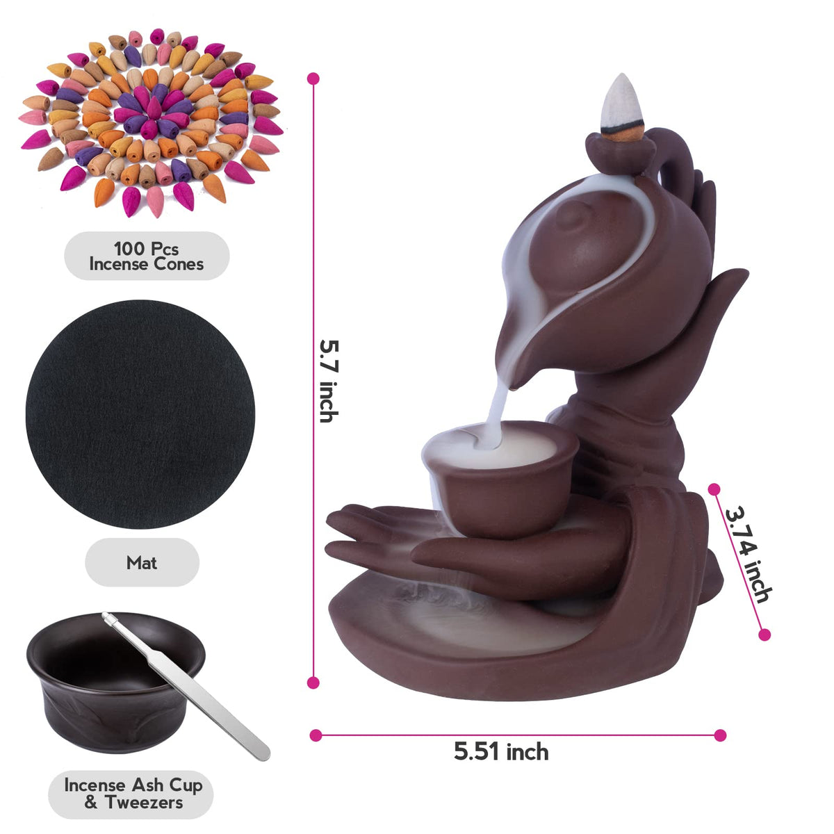 Waterfall Incense Burner Buddha Hand Backflow Incense Waterfall Burner Smoke Incense Holder Waterfall with 100 Incense Cones 10 Kind of Scents (Red)
