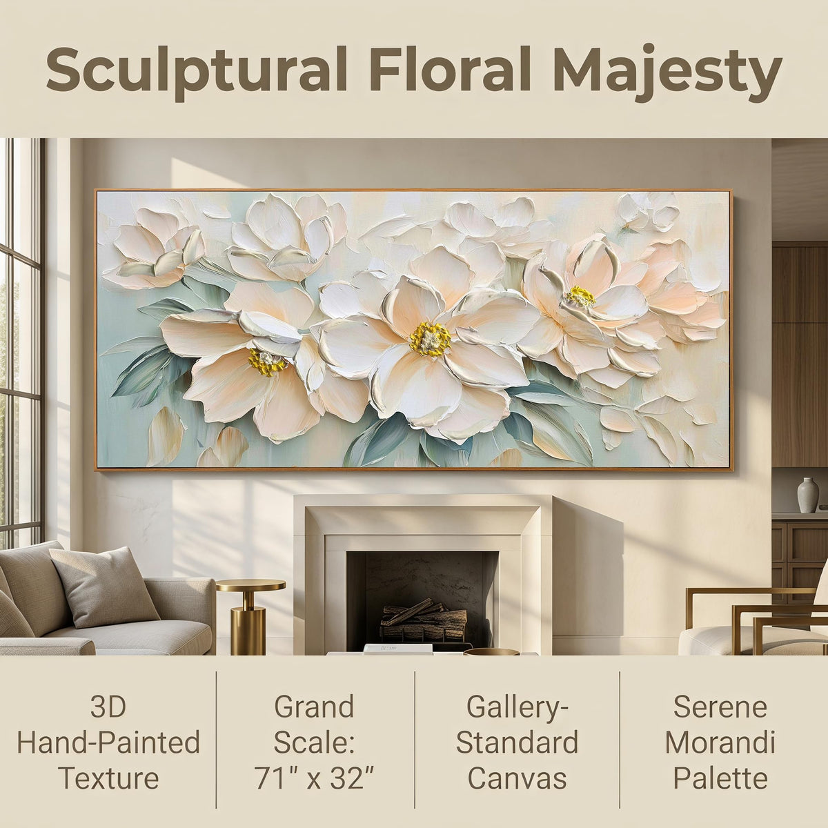 Framed White Floral Canvas Wall Art for Living Room Bedroom 71"x32" (Light Pink Florals / Wood Framed / 71"L x 32"W)