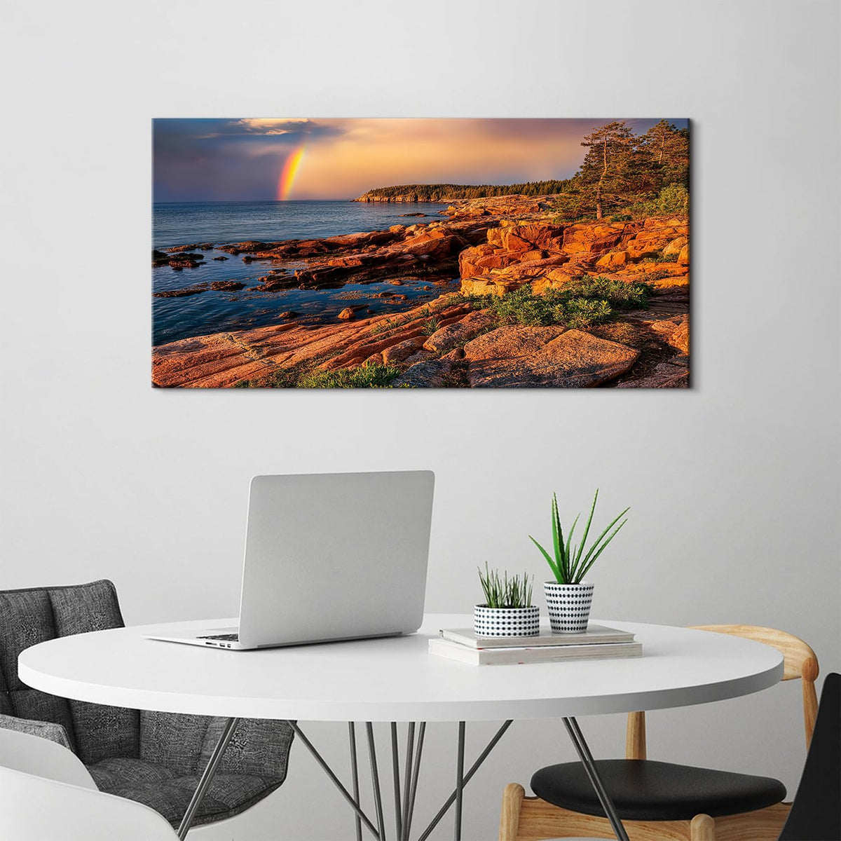 Coastal Rocky Beach Wall Art Sunset Rainbow Seaside Scene Wall Decor for Living Room Nature Painting Canvas Prints Seascape Ocean Wave Picture National Park Poster Bedroom Office Decorations 20x40" (40"L x 20"W / Field03)