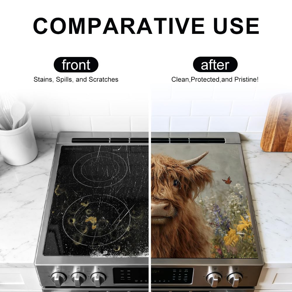 Highland Cow Glass Stove Top Cover 28x20 Inch Decorative Stove Cover (Colorful2093)