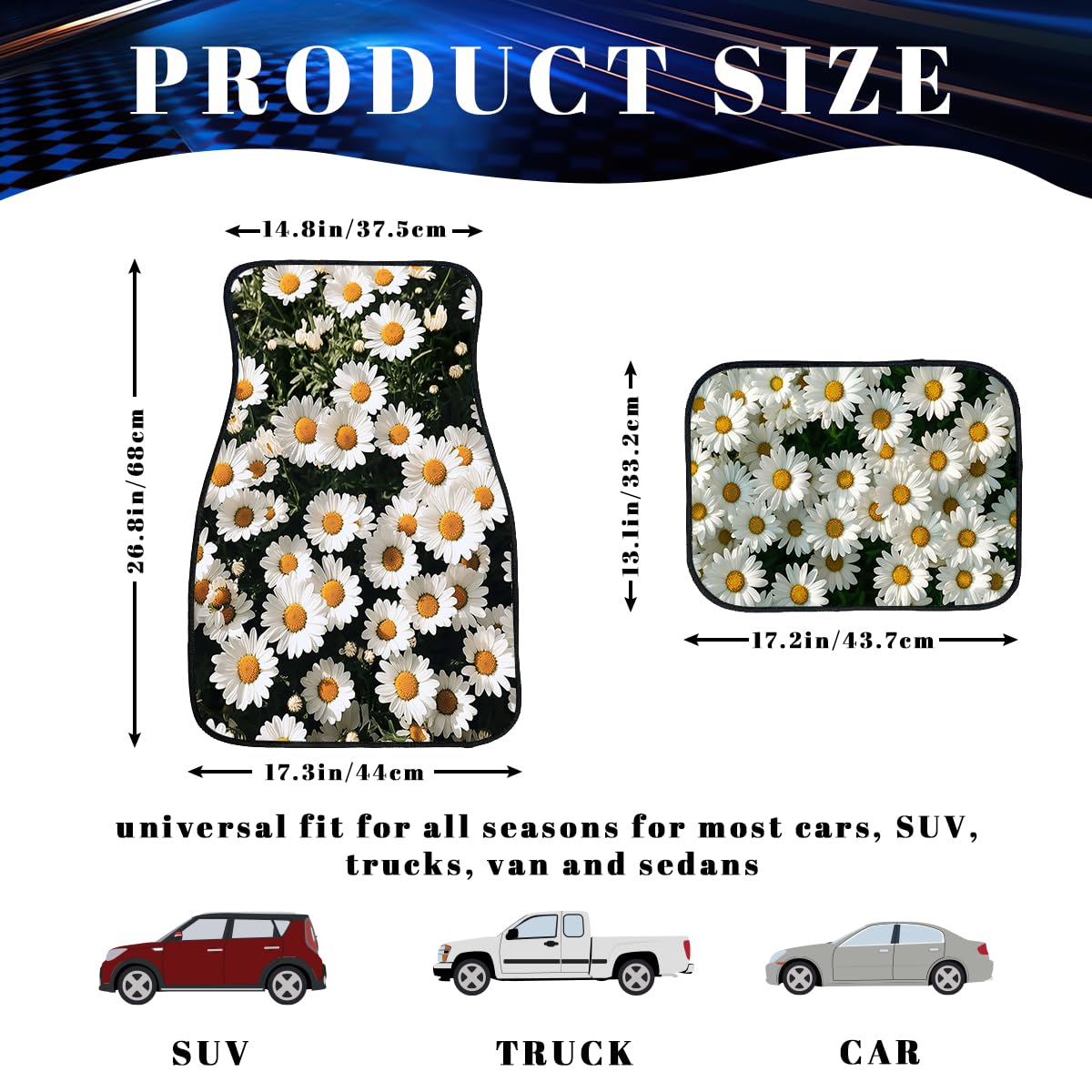 Daisy Car Floor Mats Set of 4 White Yellow Simple Background Fresh Carpet Front Rear Carpets Mat Non (26.8"L x 17.3"W x 0.4"Th / Daisy)