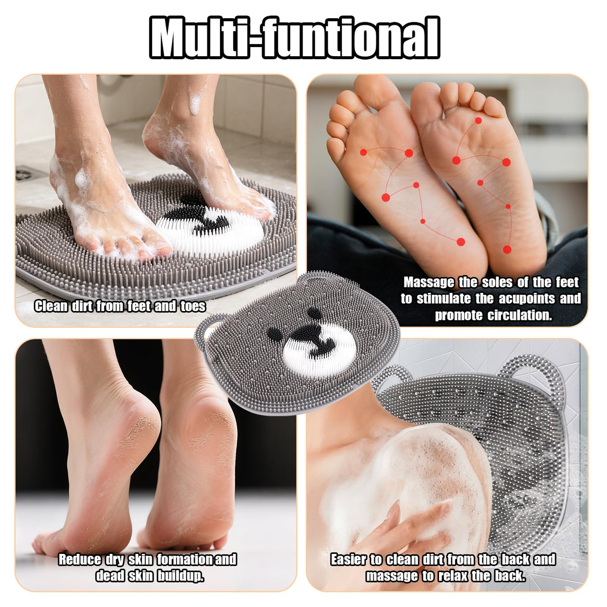 Silicone Shower Foot Scrubber Mat with Non (Grey Bear)