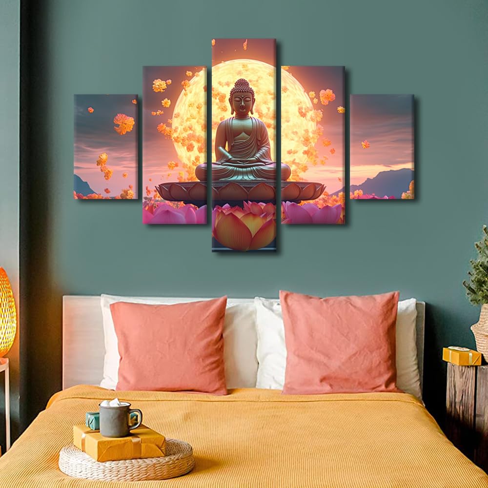 Buddha Canvas Wall Art Modern 5 Panel Living Room Decor Buddha Statue in Meditation on Lotus Flower Poster Prints on Canvas for Lady Bedroom Decoration Stretched and Framed Ready to Hang 60x40 in (60x40 in / 5PANEL-04)