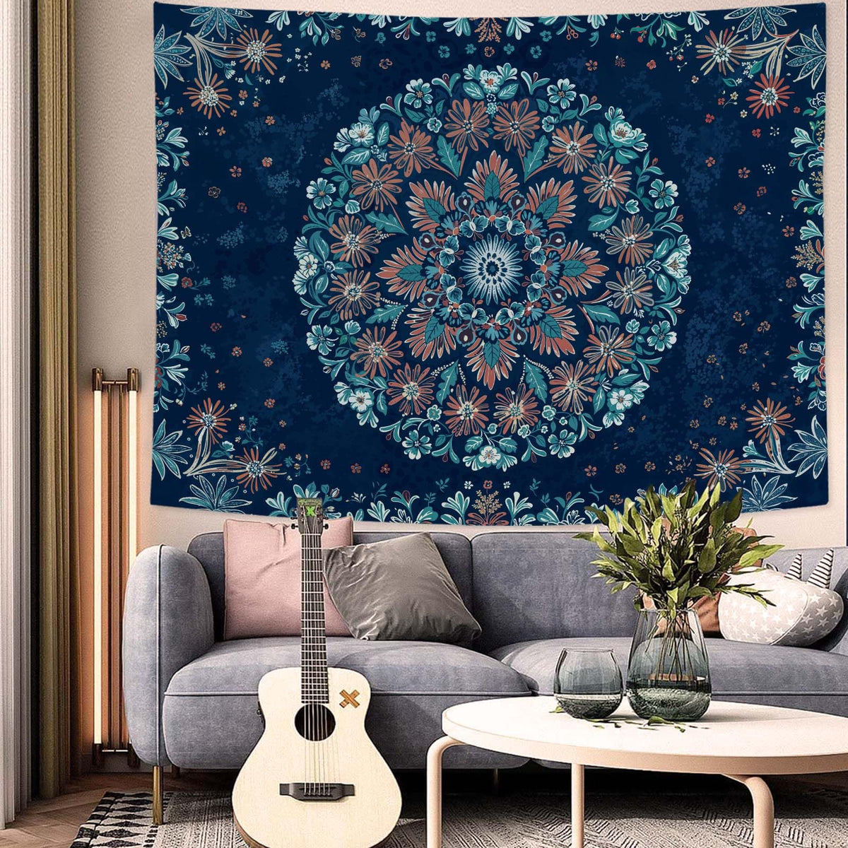 Boho Floral Mandala Tapestry Wall Hanging Blue Bohemian Flower Medallion Tapestry Aesthetic Vintage Navy Hippie Indian Small Tapestries for Bedroom Living Room Dorm Decor 60 x 44 Inch (Navy Blue / 60"L x 44"W)