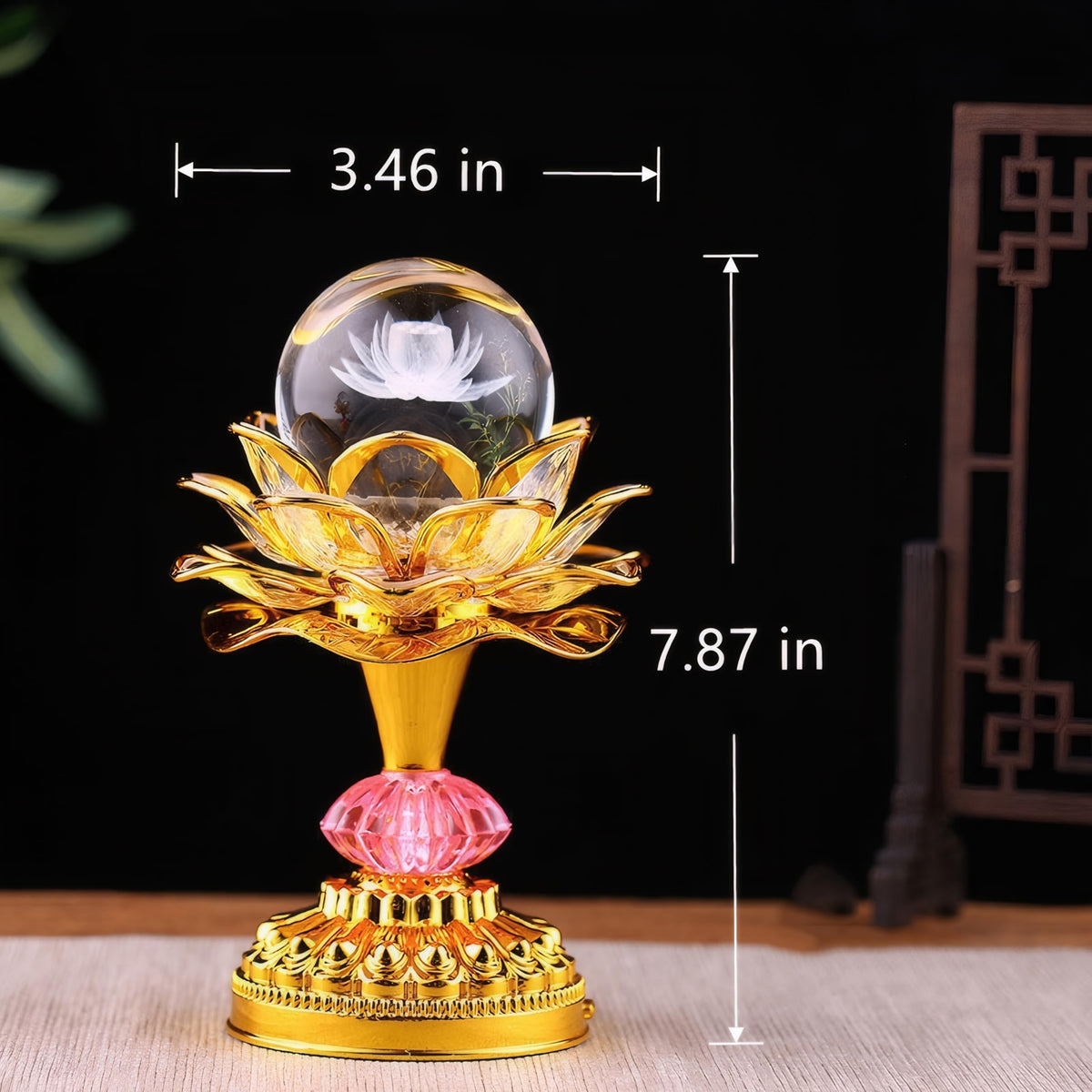 Colorful LED Crystal Ball Lotus Buddhist Lamp (Pale Gold)