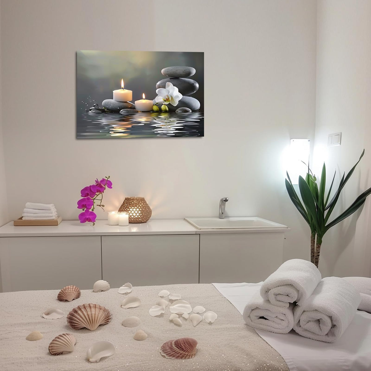 Bathroom Wall Art Orchid Flower with Black Zen Stone Pictures SPA Candle Picture Prints Still Life Canvas Painting for Meditation Spiritual Room Decor (White / 16"L x 24"W)