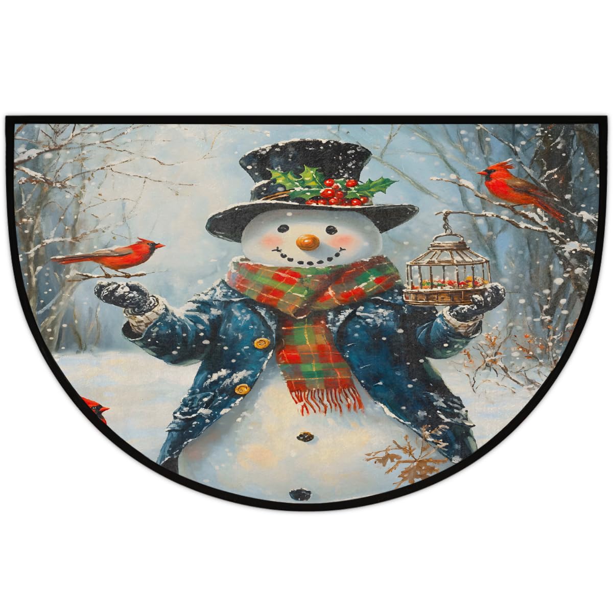 Half Round Door Mat Snowman Christmas Cardinal Non Slip Absorbent Semi Circle Area Rugs Washable Half Moon Floor Mats for Indoor Patio Kitchen Bathroom Entryway Fireplace Home Carpet Festival Decor (B:a-17)