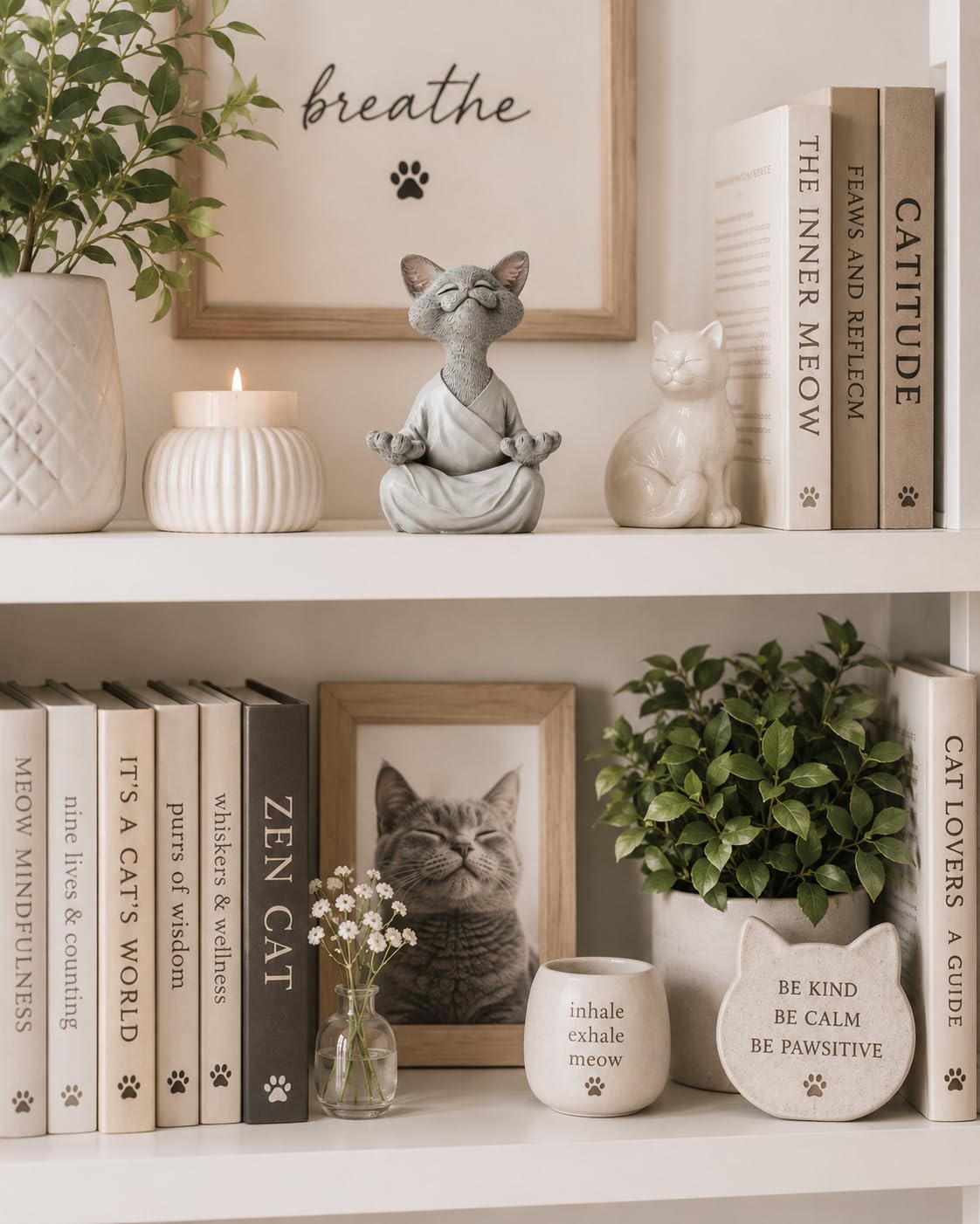 Meditating Happy Cat Statue (Gray)