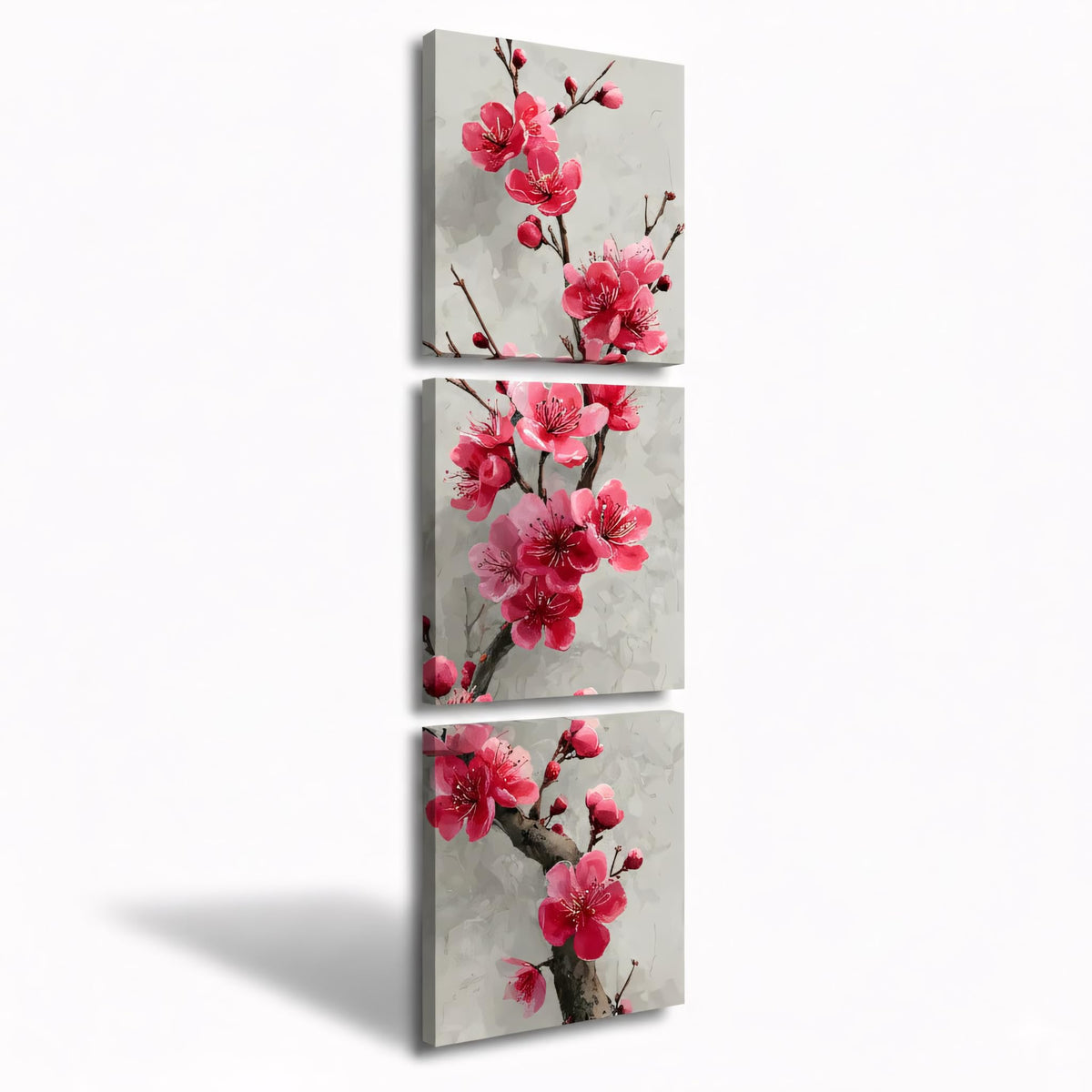 3Pcs Abstract Plum Blossom Canvas Wall Art Watercolor Pink Floral Painting Asian Ink Style Botanical Flower Artwork Vertical Elegant Nature Decor for Living Room Bedroom Office Zen Home (Vertical Pink Floral / 20x20inchx3)