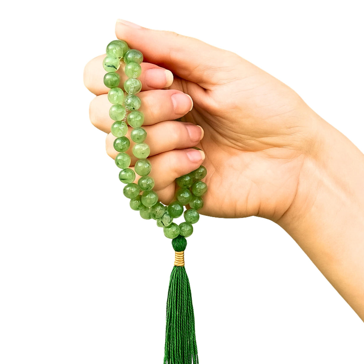 Prehnite Buddhist Prayer Beads Japa Mala with 108 Meditation Beads (Without Knots / Prehnite)