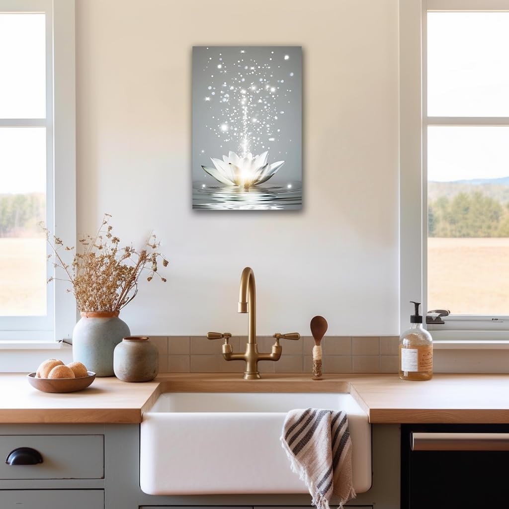 Zen Wall Art White Lotus Flower Canvas Art Print for Spa Bathroom Decor (Zen Stones Canvas Frame-04 / 18"L x 12"W)