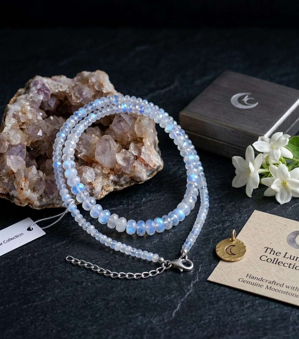 Faceted Blue Fire Rainbow Moonstone Beaded 16 inch Necklace with Additional 2 inch 92.5 Sterling Silver Extension Bead Size Varies from 2mm to 5mm (Natural Rainbow Moonstone)