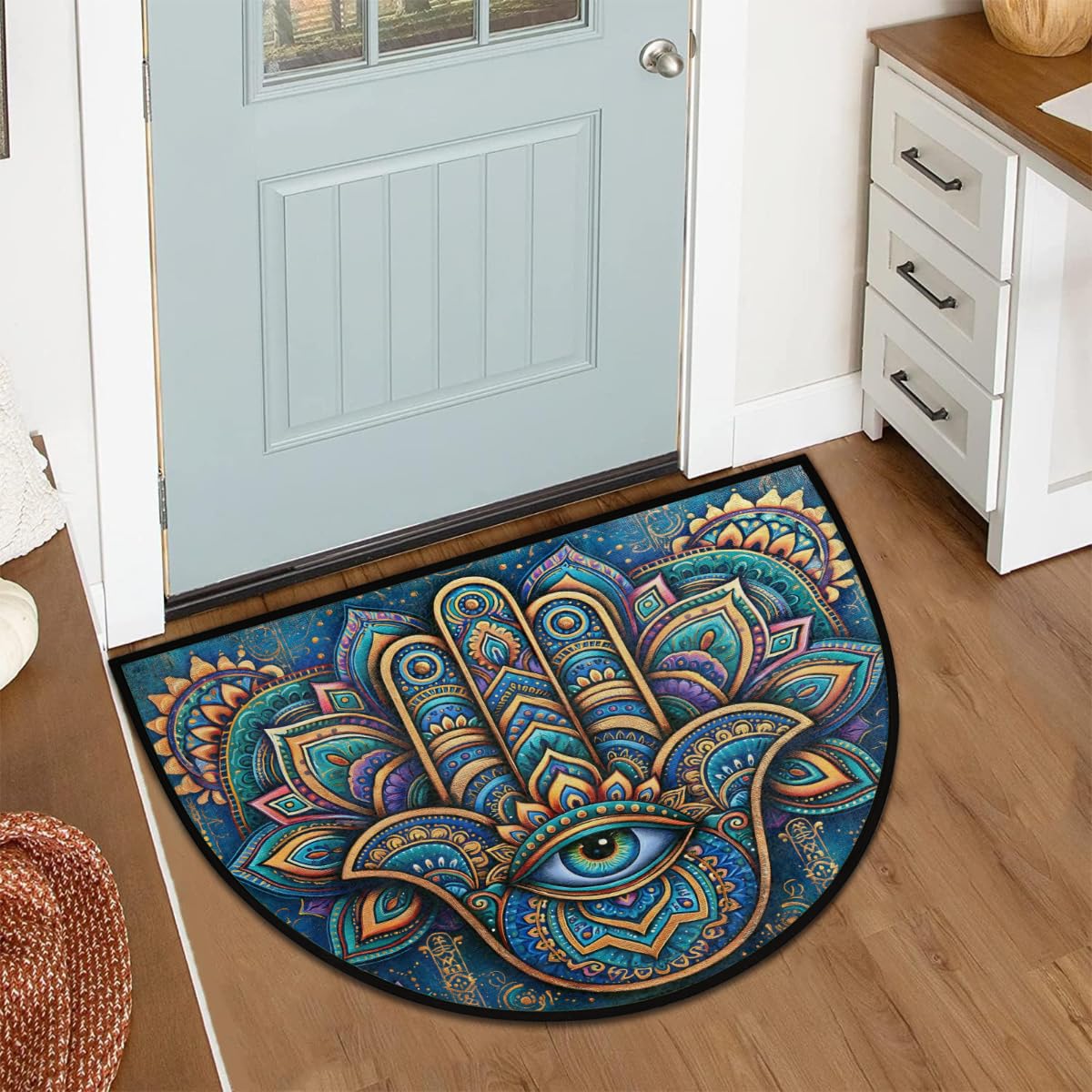 Hamsa Half Round Doormat Semi Circle Rug Non Slip Half Moon Rug (D01:boho 05)