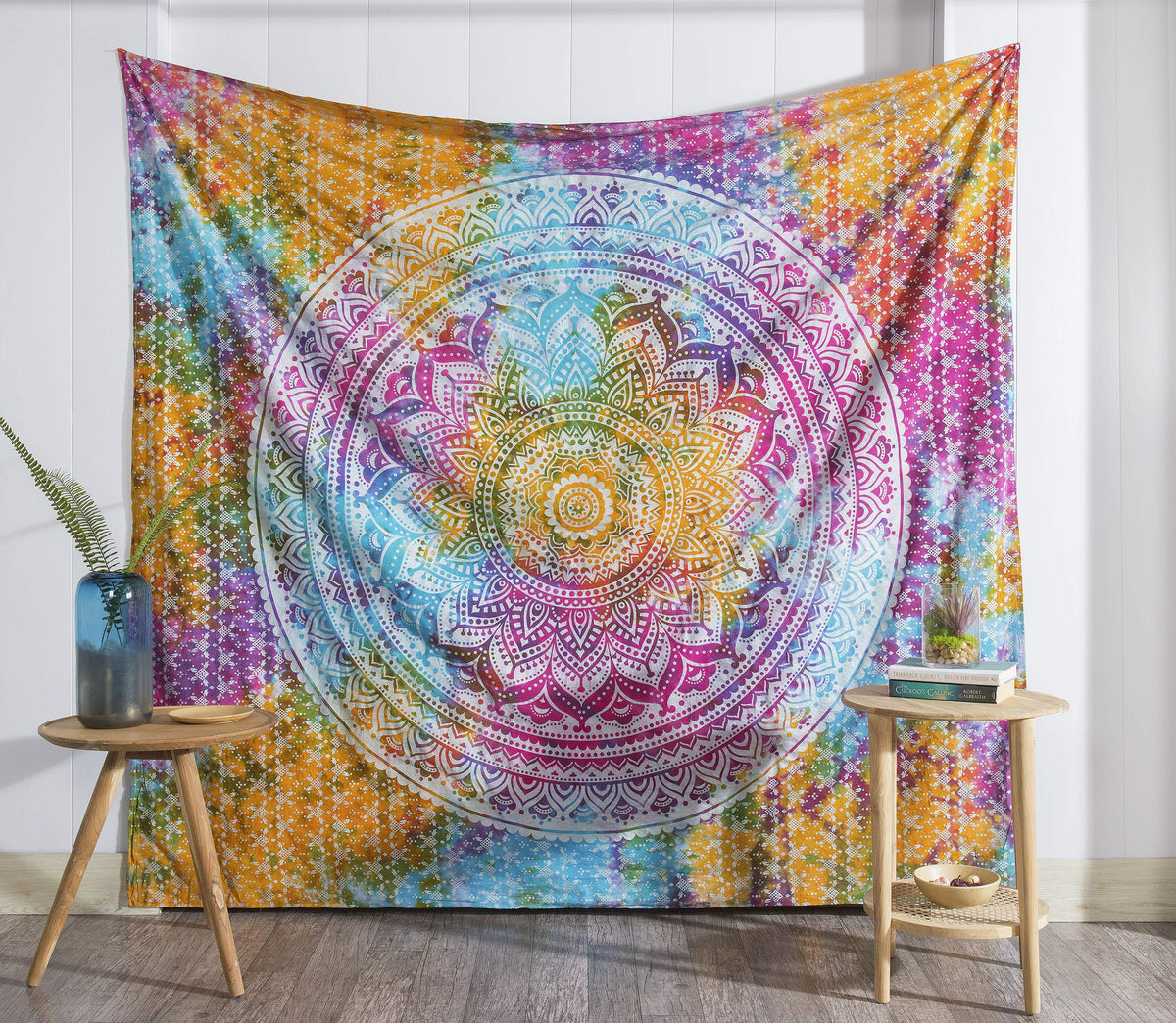 Tapestry Wall Hanging Hippie Ombre Mandala Bohemian Hippy Medallion Psychedelic Ombre Design Indian Tapestries Bedspread 84 x 90 Inches (90"L x 84"W / Tie Dye)