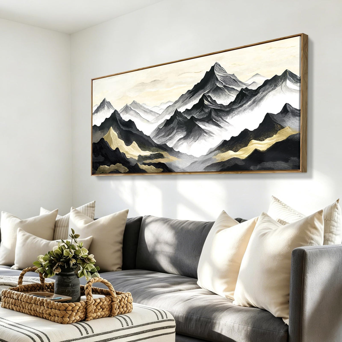Framed Mountain Wall Art Modern Ink Artwork For Bedroom 48X24 In (Black Mountain Wall Art / 48"L x 24"W(Framed))