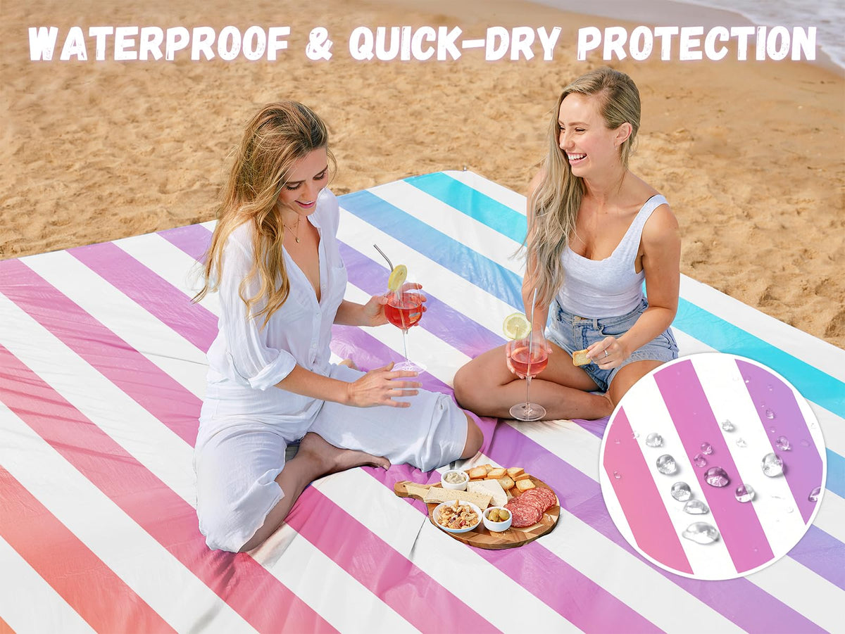 Beach Blanket Waterproof Sandproof (Purple Stripes / 79“×83”)