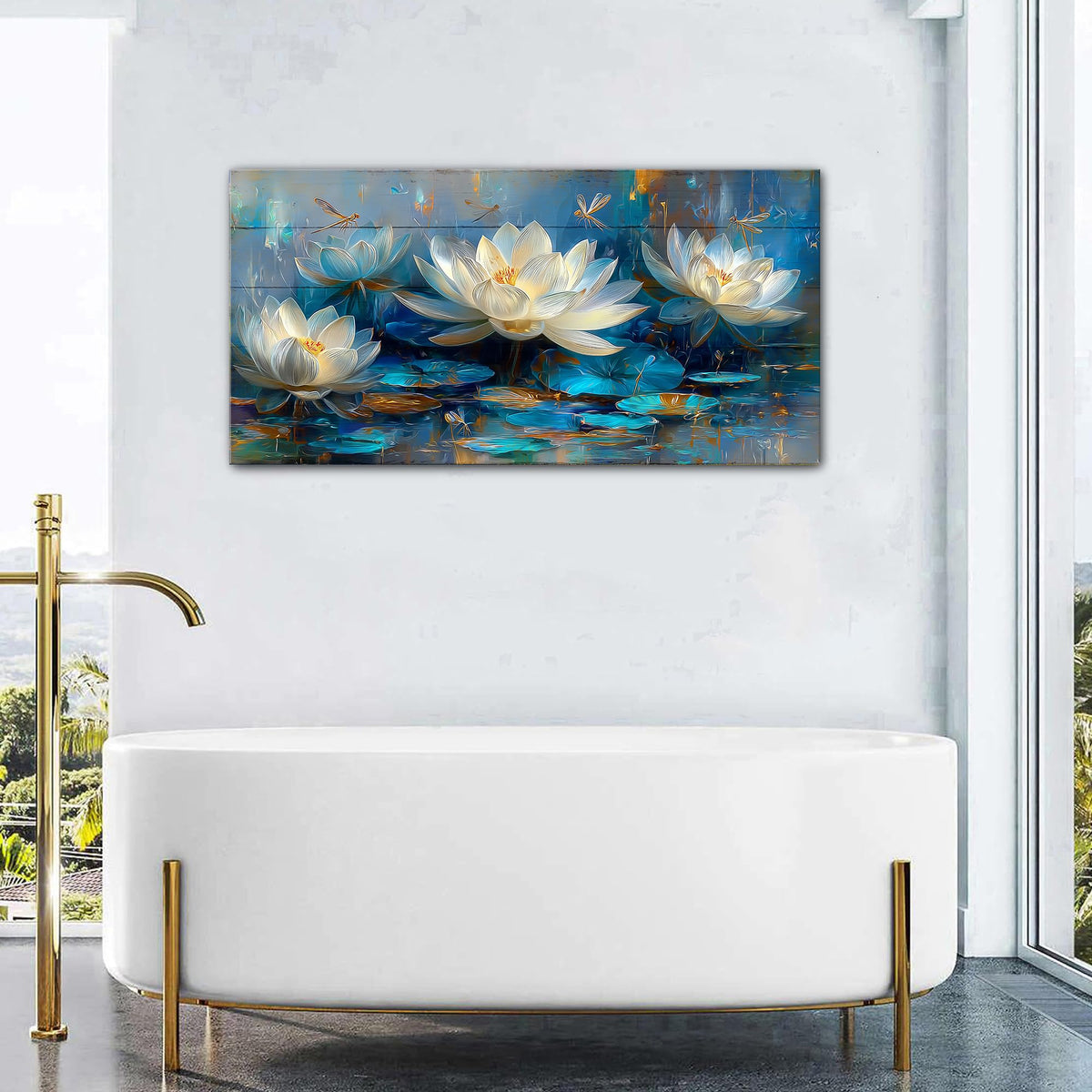 Blue White Lotus Flower Wall Art Zen Wall Decor Abstract Nature Picture for Yoga Living Room Watercolor Floral Painting Farmhouse Botanical Dragonfly Artwork Spa Meditation Room Decoration 24x48" (48"L x 24"W / Lotus Flower)
