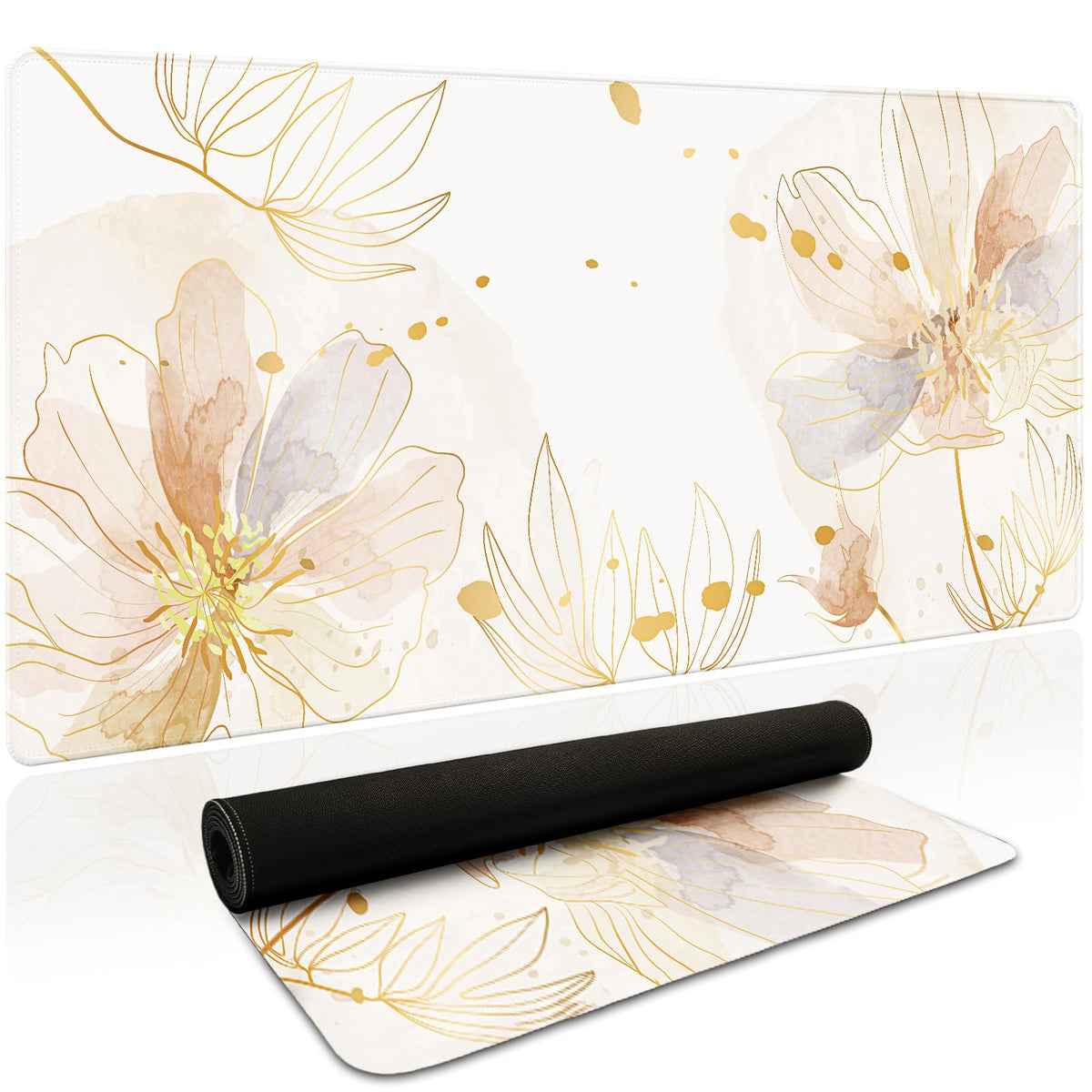 Gold Desk Mat (Champagne Watercolor Floral / 35.4" x 15.7")
