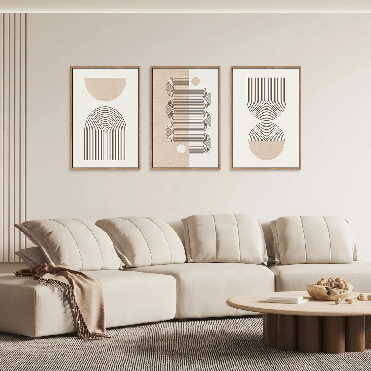 Framed Boho Wall Art Set of 3 (Beige Geometric Line / 24"L x 36"W)