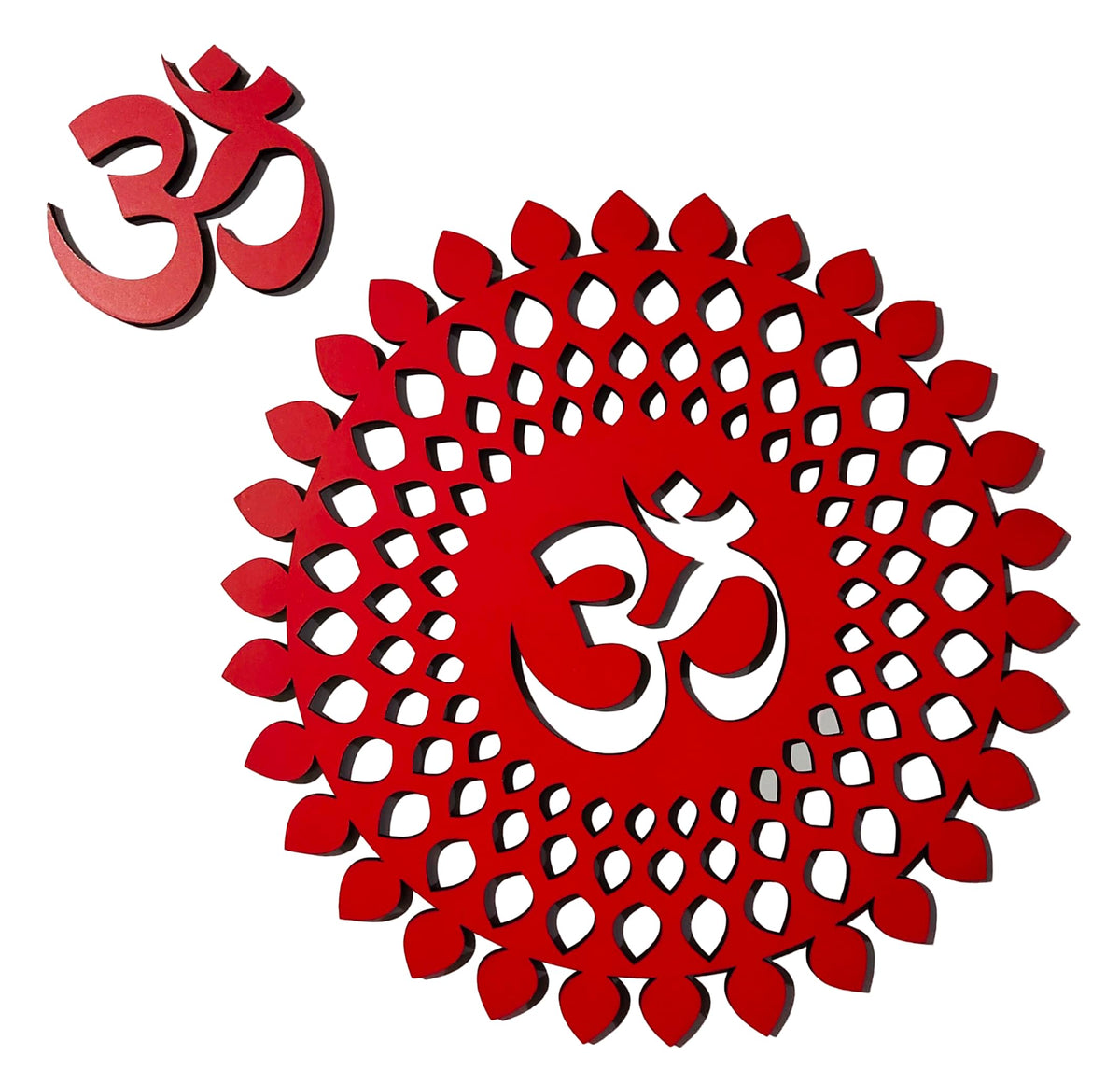 Red Om Round Decorative Wall Art Mdf Wooden Om Chakra For Temple (MANDALA OM-Red / 24"L x 24"W)