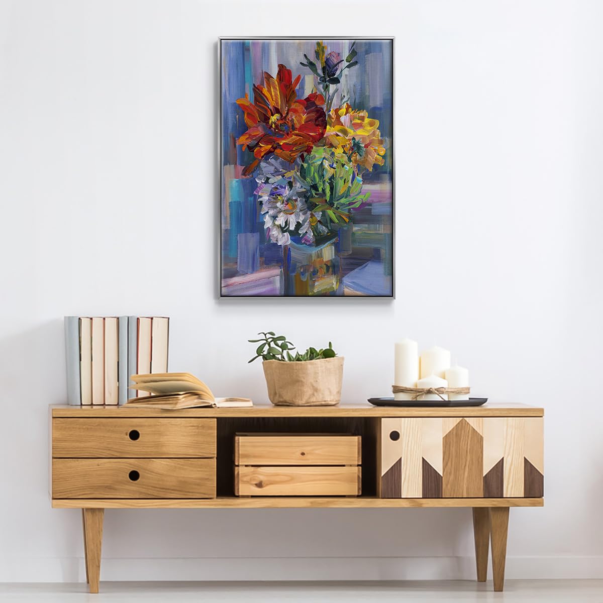 Abstract Wall Art Silver Floating Frame Paintings Multicolor Pastel Flowers in a Vase Canvas Hanging Artwork Prints for Bedroom Office Kitchen (41"L x 27"W / Modern Bouquet)